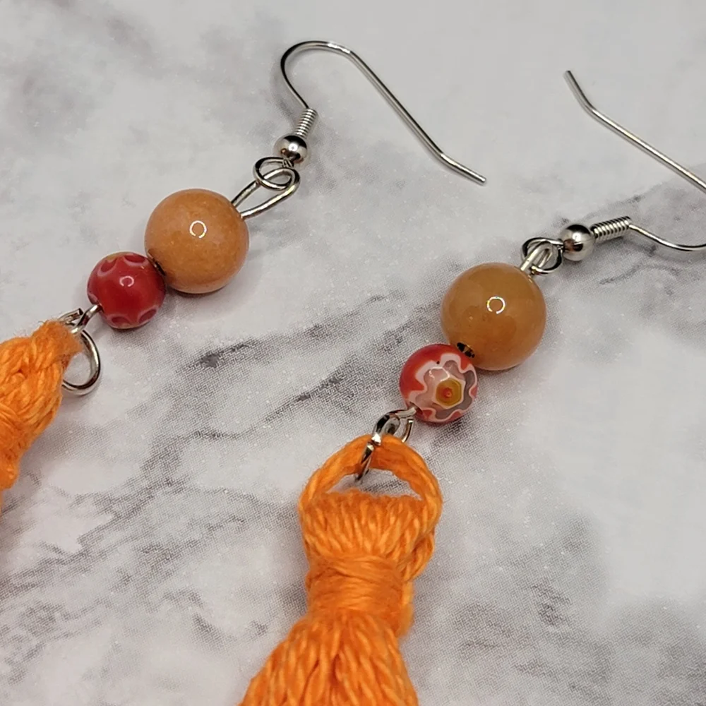 Handmade Tassel Earrings Orange Glass and Stone Bead